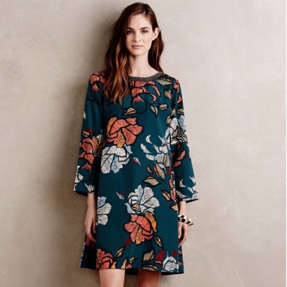 Anthro floral swing dress w/ beaded neckline